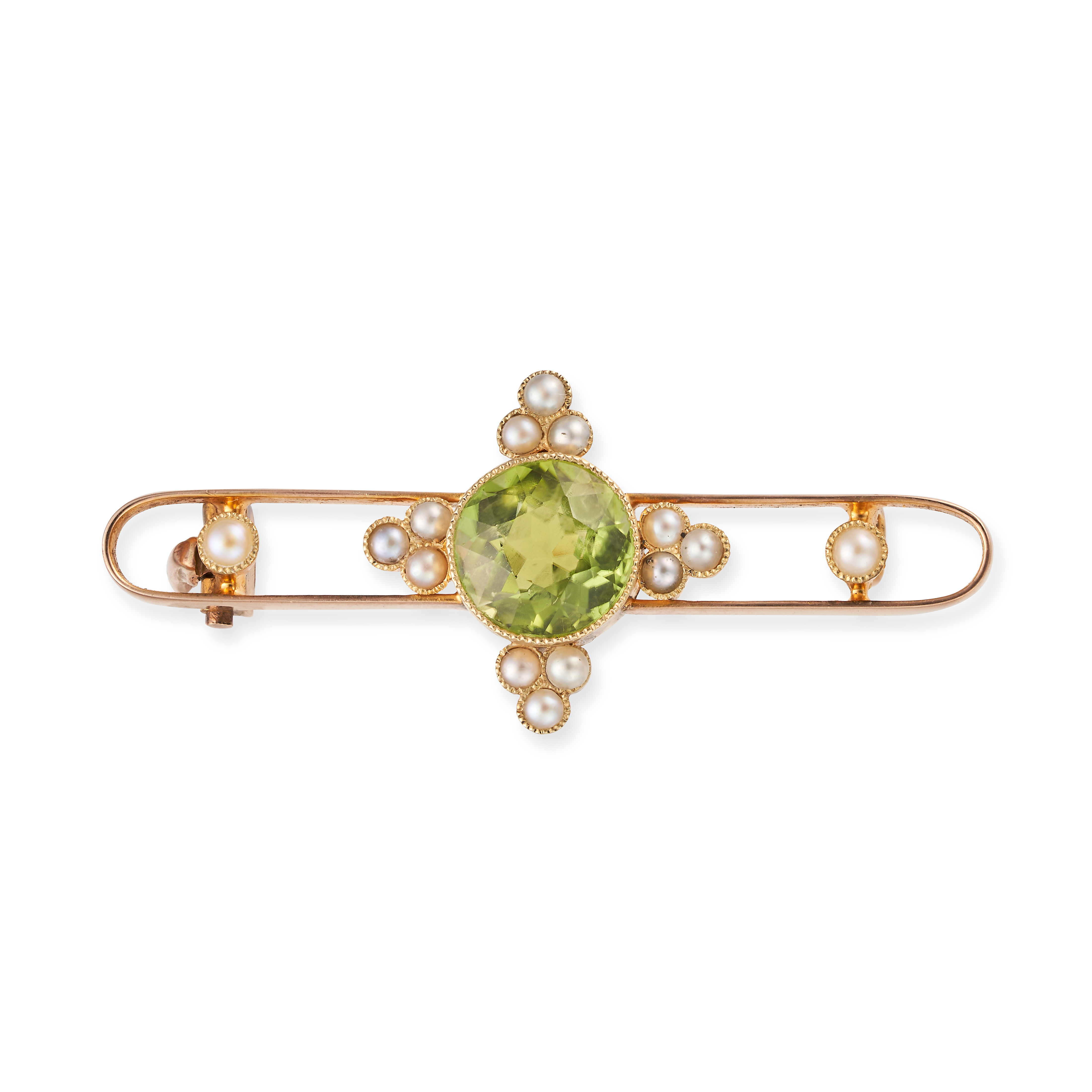 AN ANTIQUE PERIDOT AND DIAMOND BROOCH in 15ct yellow gold, set with a round cut peridot accented ...