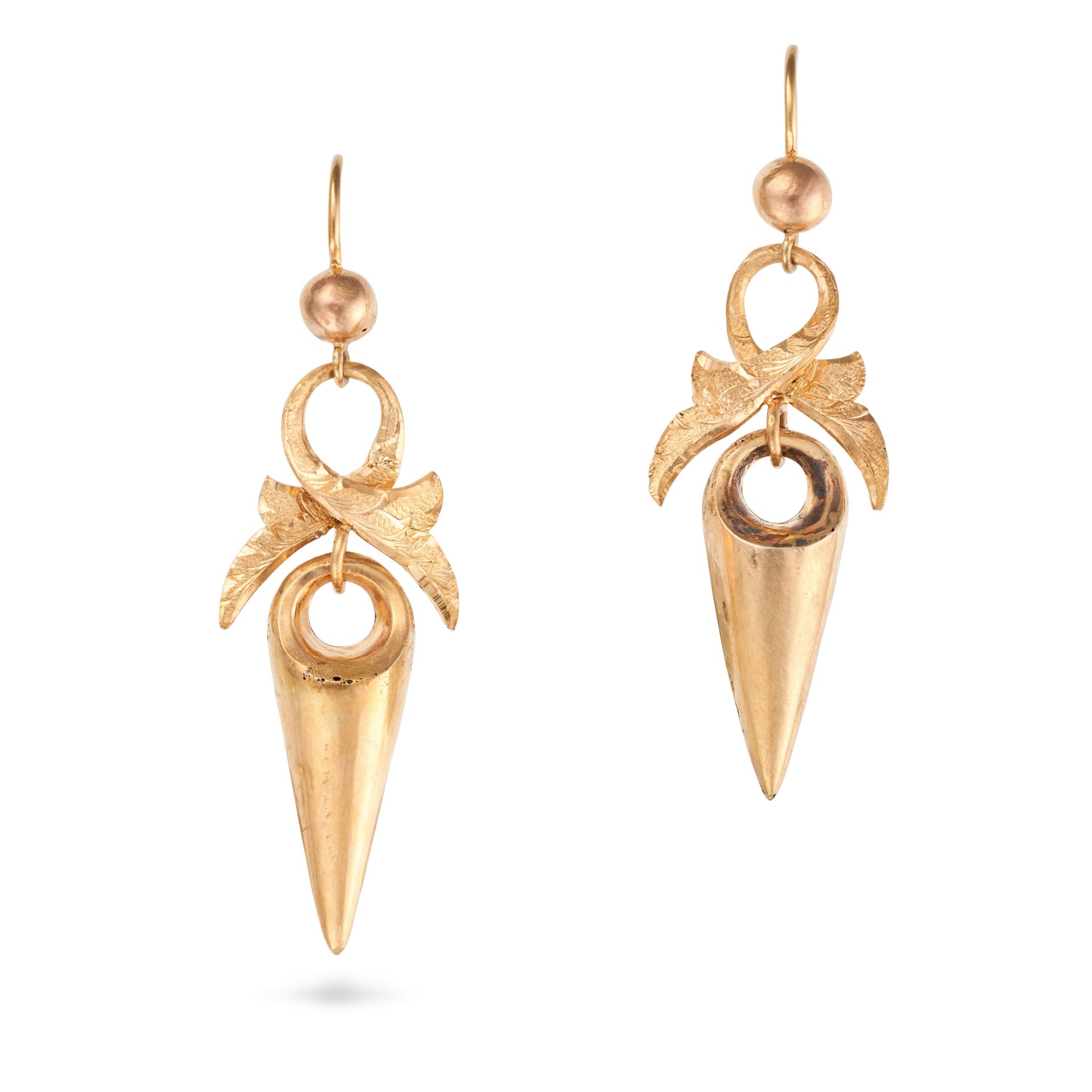 A PAIR OF ANTIQUE DROP EARRINGS each in scrolling design suspending an articulated tapering drop,...