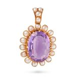 AN ANTIQUE AMETHYST AND PEARL PENDANT set with an oval cut amethyst in a cluster of pearls, the b...