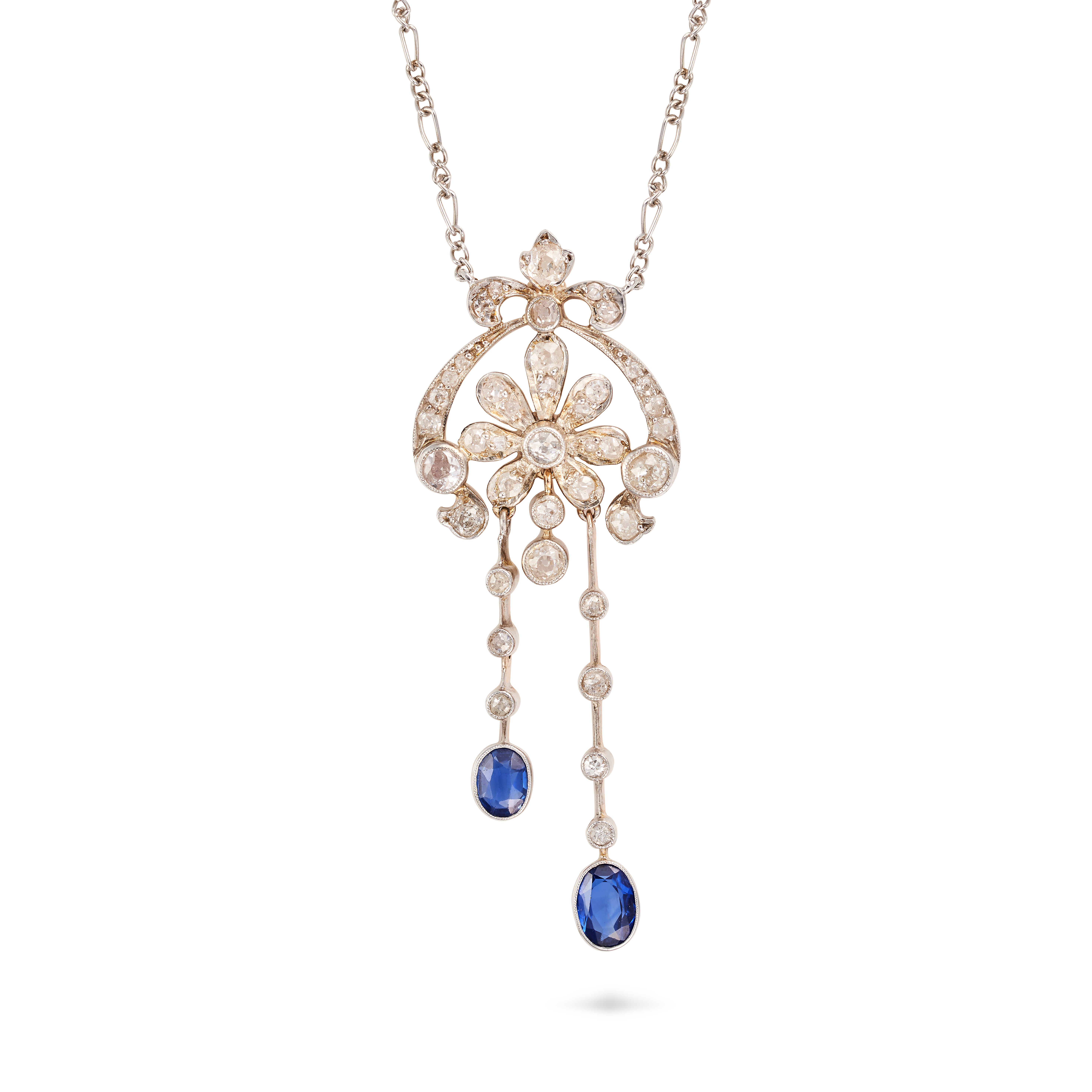 A DIAMOND AND SAPPHIRE PENDANT NECKLACE the foliate style pendant set throughout with old cut dia...