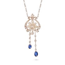 A DIAMOND AND SAPPHIRE PENDANT NECKLACE the foliate style pendant set throughout with old cut dia...