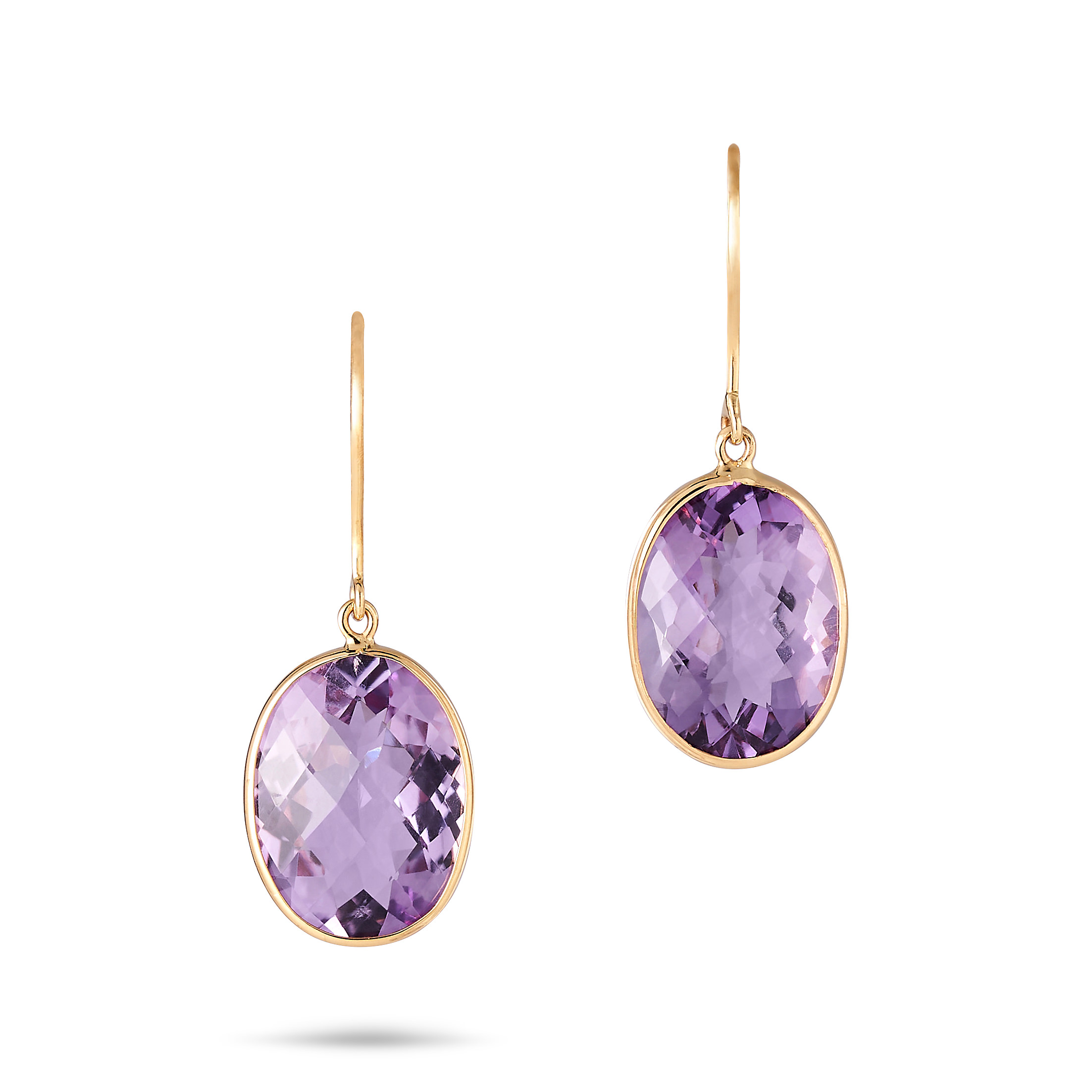 A PAIR OF AMETHYST DROP EARRINGS each suspending a fancy oval cut amethyst, stamped 18K, 3.4cm, 4...