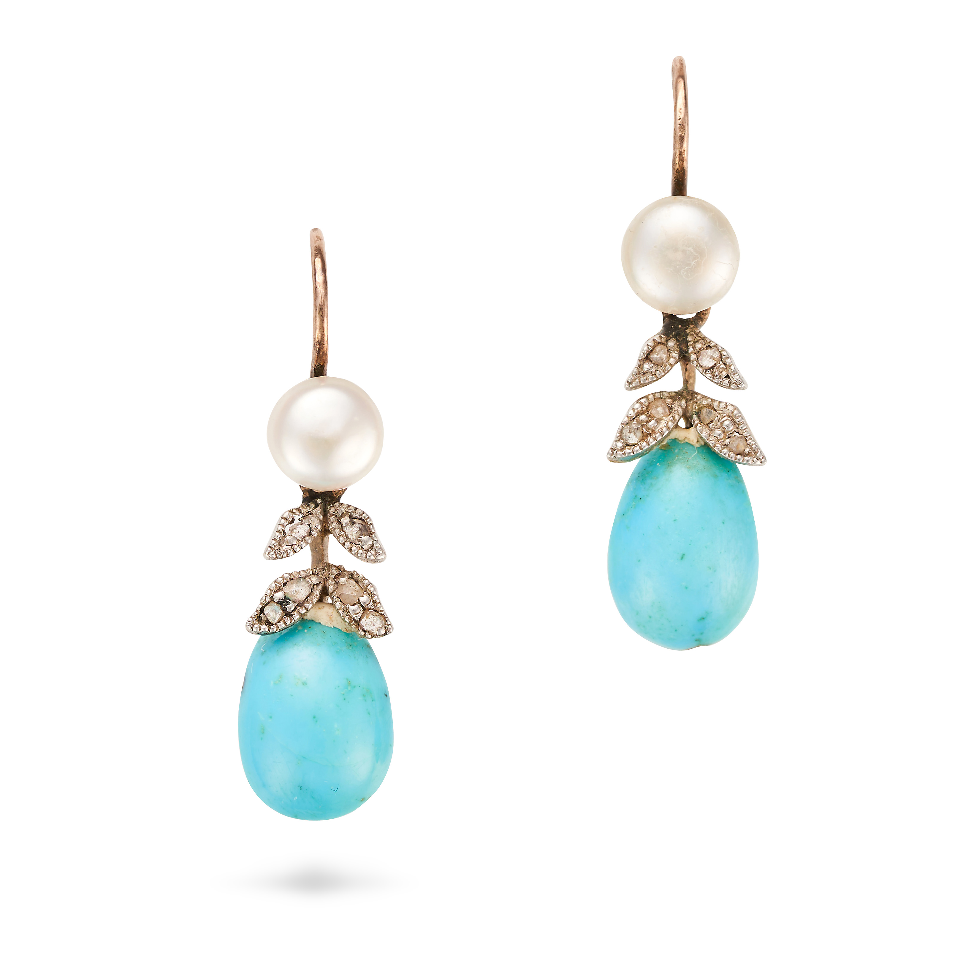 A PAIR OF TURQUOISE, PEARL AND DIAMOND DROP EARRINGS each set with a pearl suspending a turquoise...