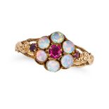 AN ANTIQUE OPAL AND RUBY CLUSTER RING in yellow gold, set with a cushion cut ruby in a cluster