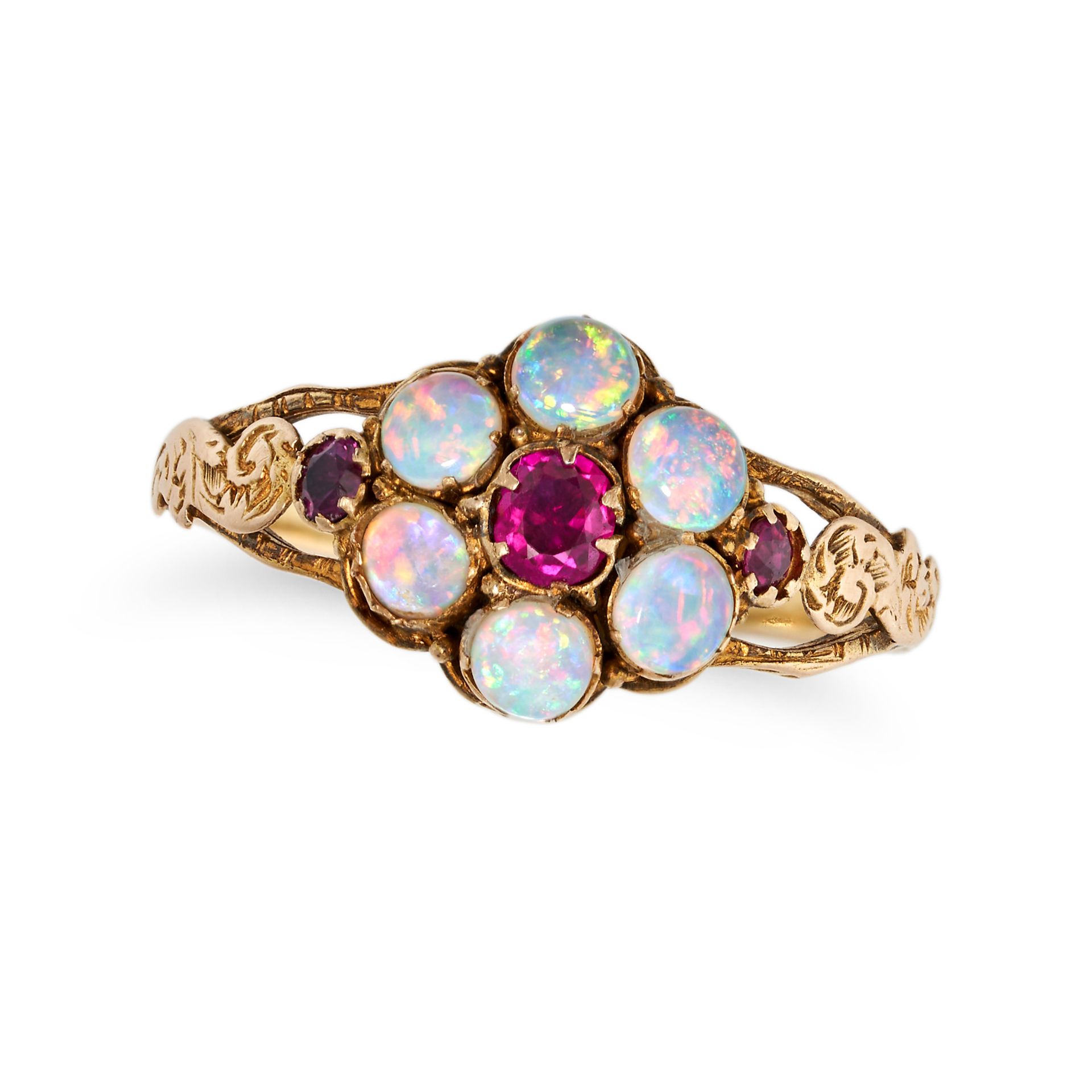 AN ANTIQUE OPAL AND RUBY CLUSTER RING in yellow gold, set with a cushion cut ruby in a cluster