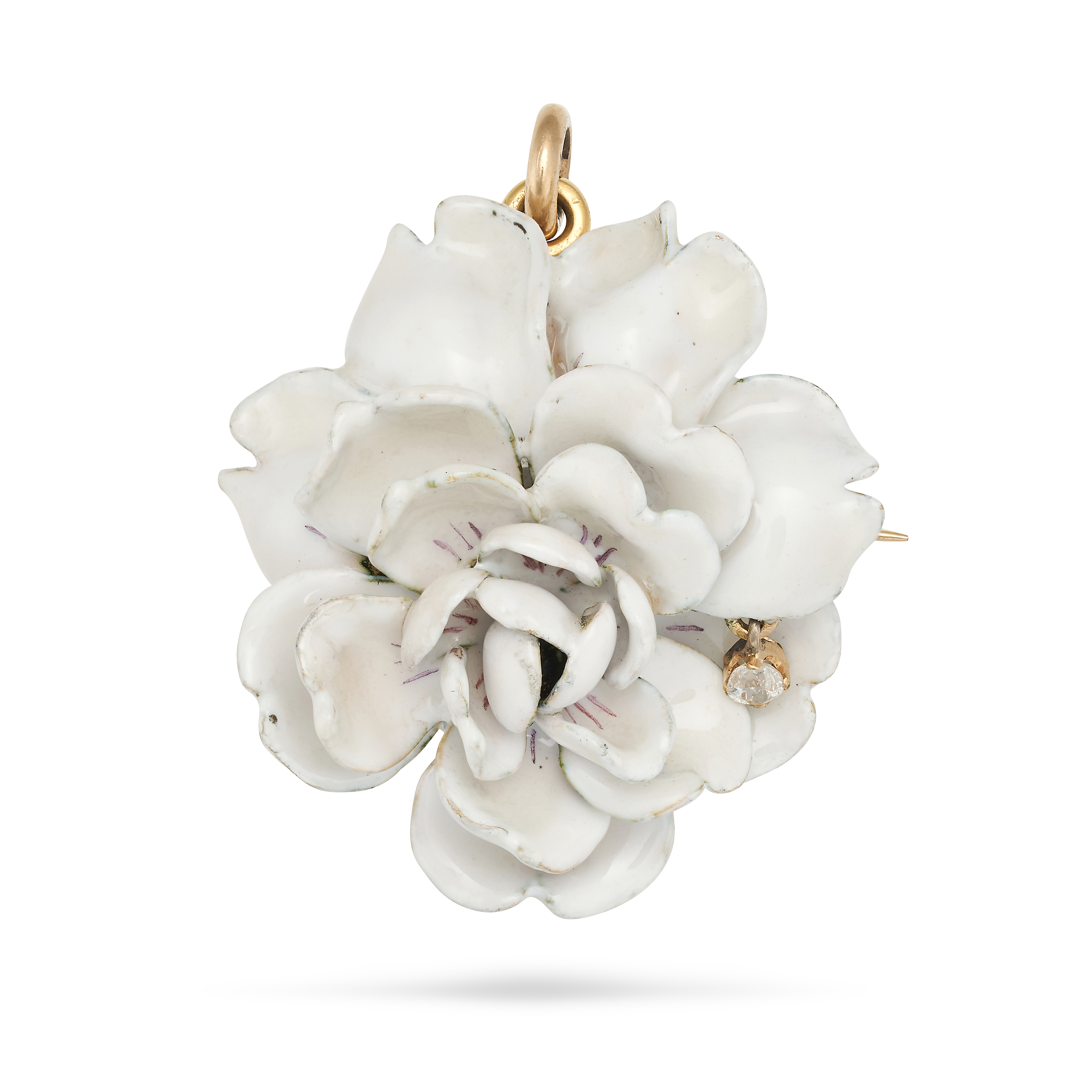 TIFFANY & CO., A VINTAGE ENAMEL AND DIAMOND ROSE BROOCH / PENDANT in yellow gold, designed as a r...