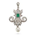 AN EMERALD, DIAMOND AND PEARL PENDANT designed as a stylised fleur de lis, set with a rectangular...