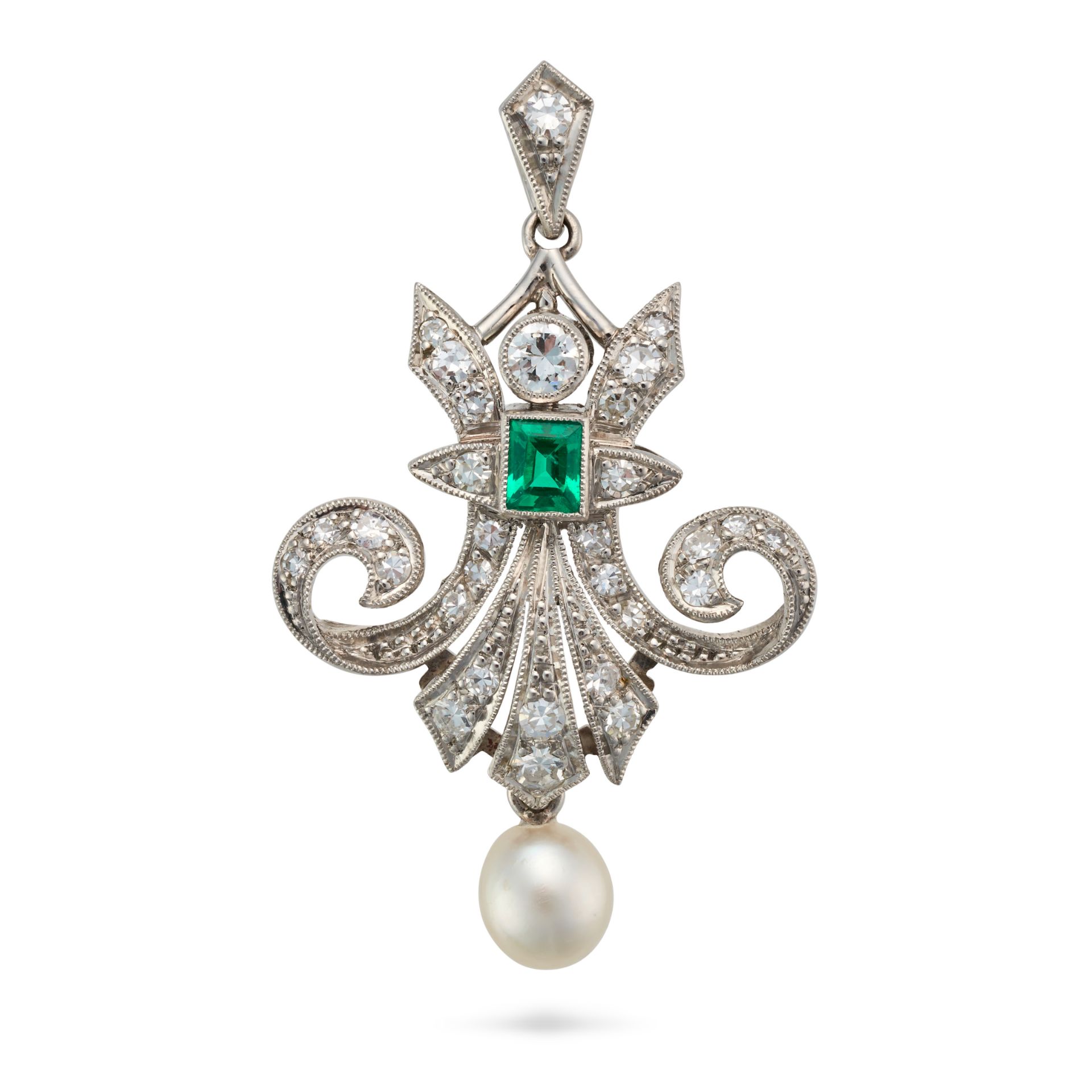 AN EMERALD, DIAMOND AND PEARL PENDANT designed as a stylised fleur de lis, set with a rectangular...
