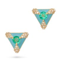 A PAIR OF EMERALD, DIAMOND AND ENAMEL EARRINGS each set with a round cut emerald, the triangular ...