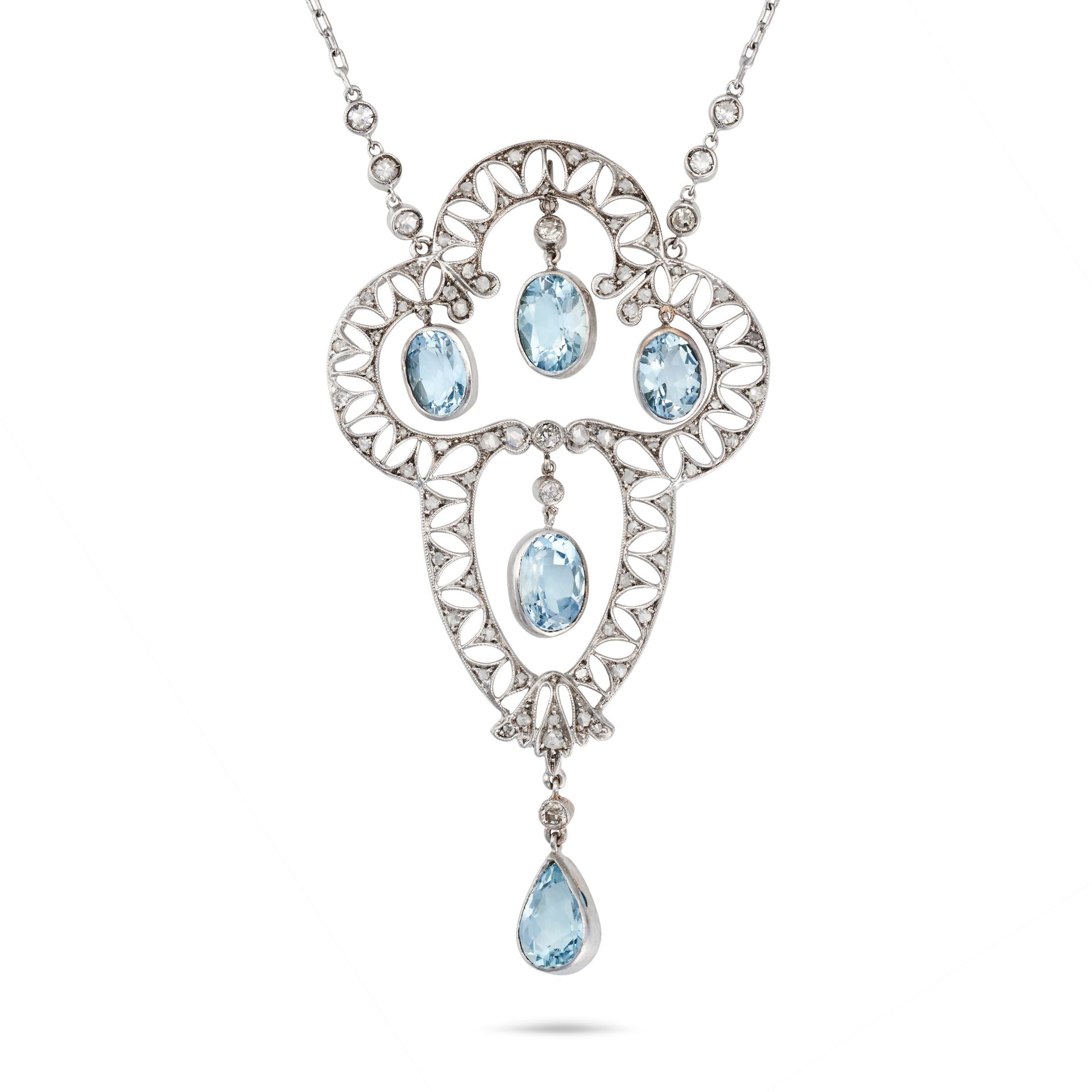 AN AQUAMARINE AND DIAMOND PENDANT NECKLACE the openwork pendant set with rose cut diamonds suspen...