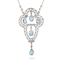 AN AQUAMARINE AND DIAMOND PENDANT NECKLACE the openwork pendant set with rose cut diamonds suspen...