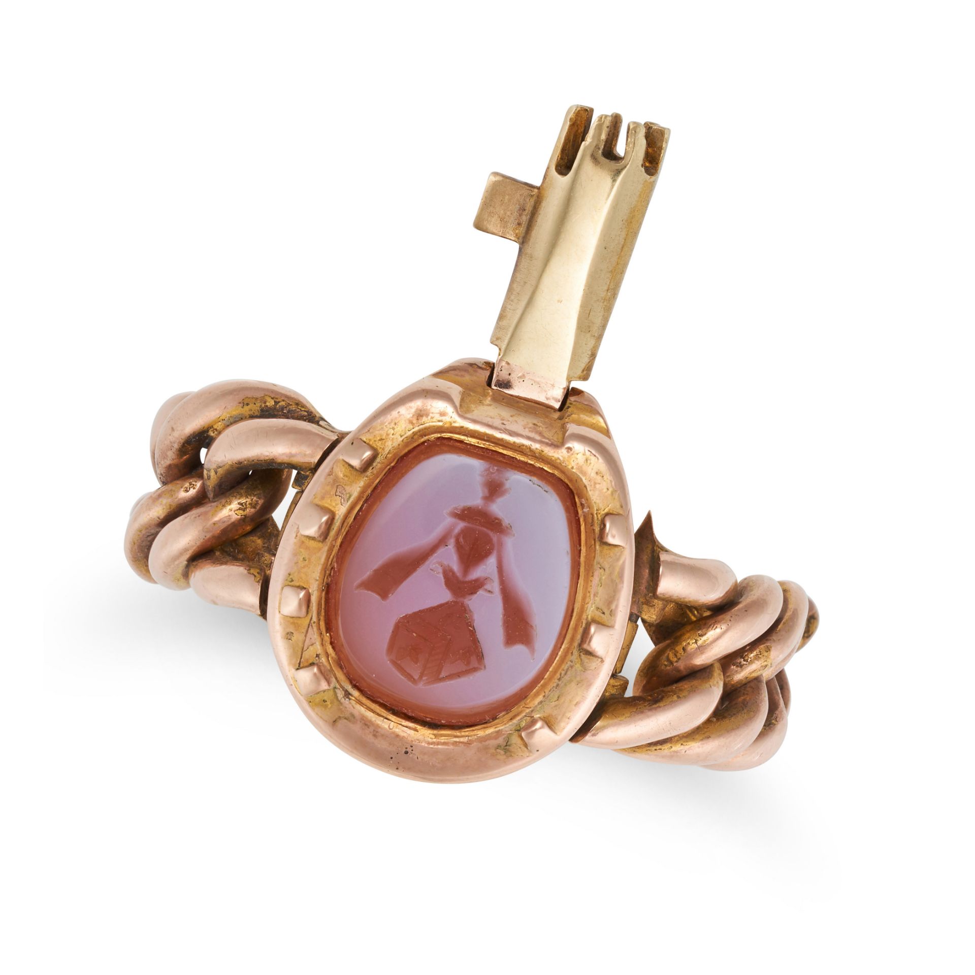 A CARNELIAN INTAGLIO POISON RING in 18ct yellow gold, set with a carnelian intaglio within a hors... - Image 2 of 2