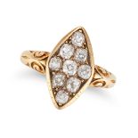 AN ANTIQUE DIAMOND NAVETTE RING in yellow gold, the navette face set with old cut diamonds, the d...