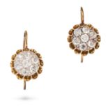 A PAIR OF ANTIQUE DIAMOND CLUSTER EARRINGS in yellow gold, each set with a cluster of old Europea...