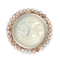 A MOONSTONE AND PEARL MAN IN THE MOON BROOCH set with a cabochon moonstone carved to depict a man...