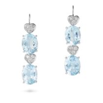 A PAIR OF BLUE TOPAZ AND DIAMOND DROP EARRINGS each suspending a row of heart shaped links set wi...