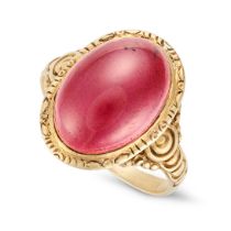 AN ANTIQUE GARNET RING set with an oval carbuncle cabochon garnet, no assay marks, size L1/2 / 6,...