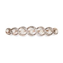 AN ANTIQUE PEARL AND DIAMOND BAR BROOCH in yellow gold and silver, the scrolling brooch set with ...