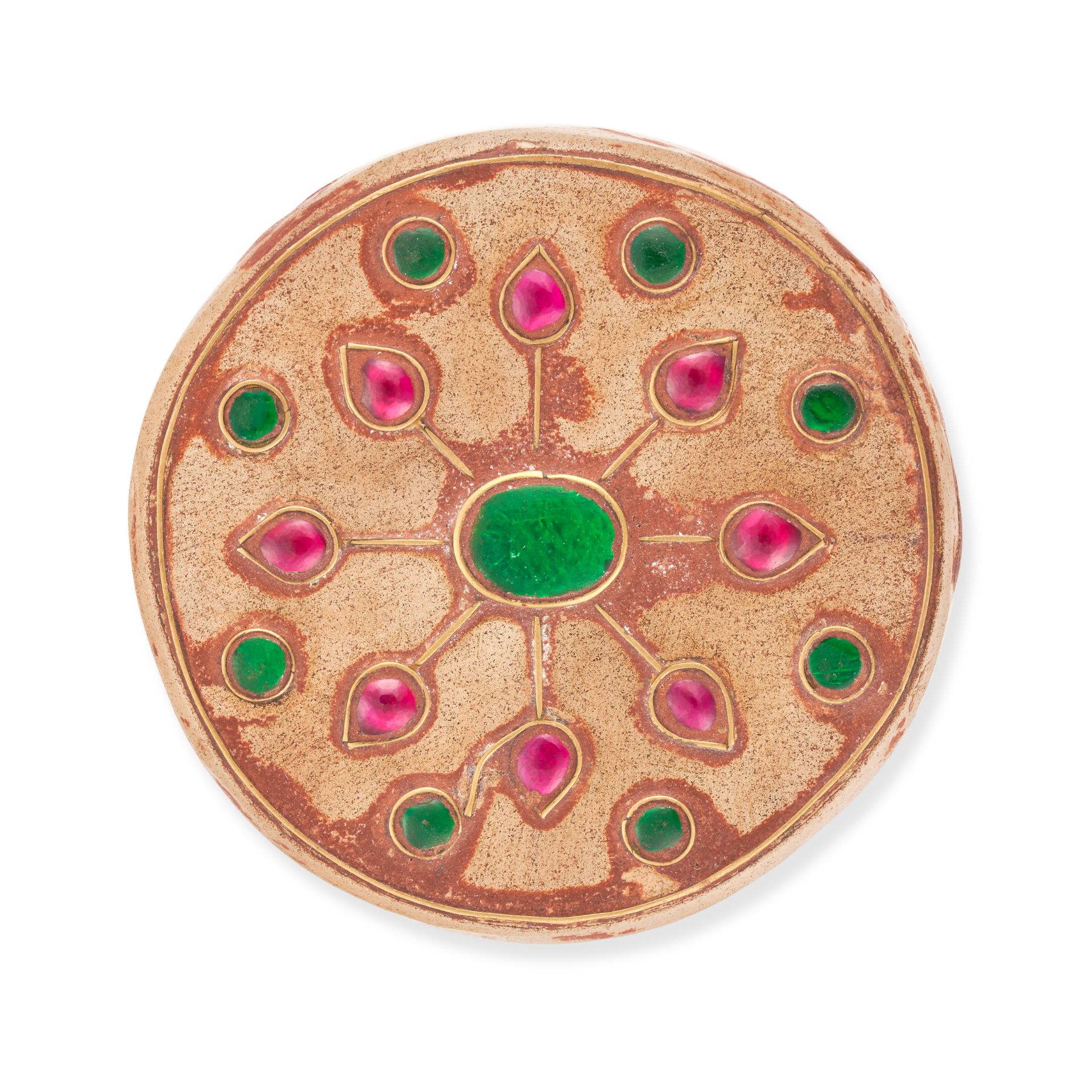 A JADE, SYNTHETIC RUBY AND GREEN GLASS ORNAMENT the polished jade set with round and oval cabocho...