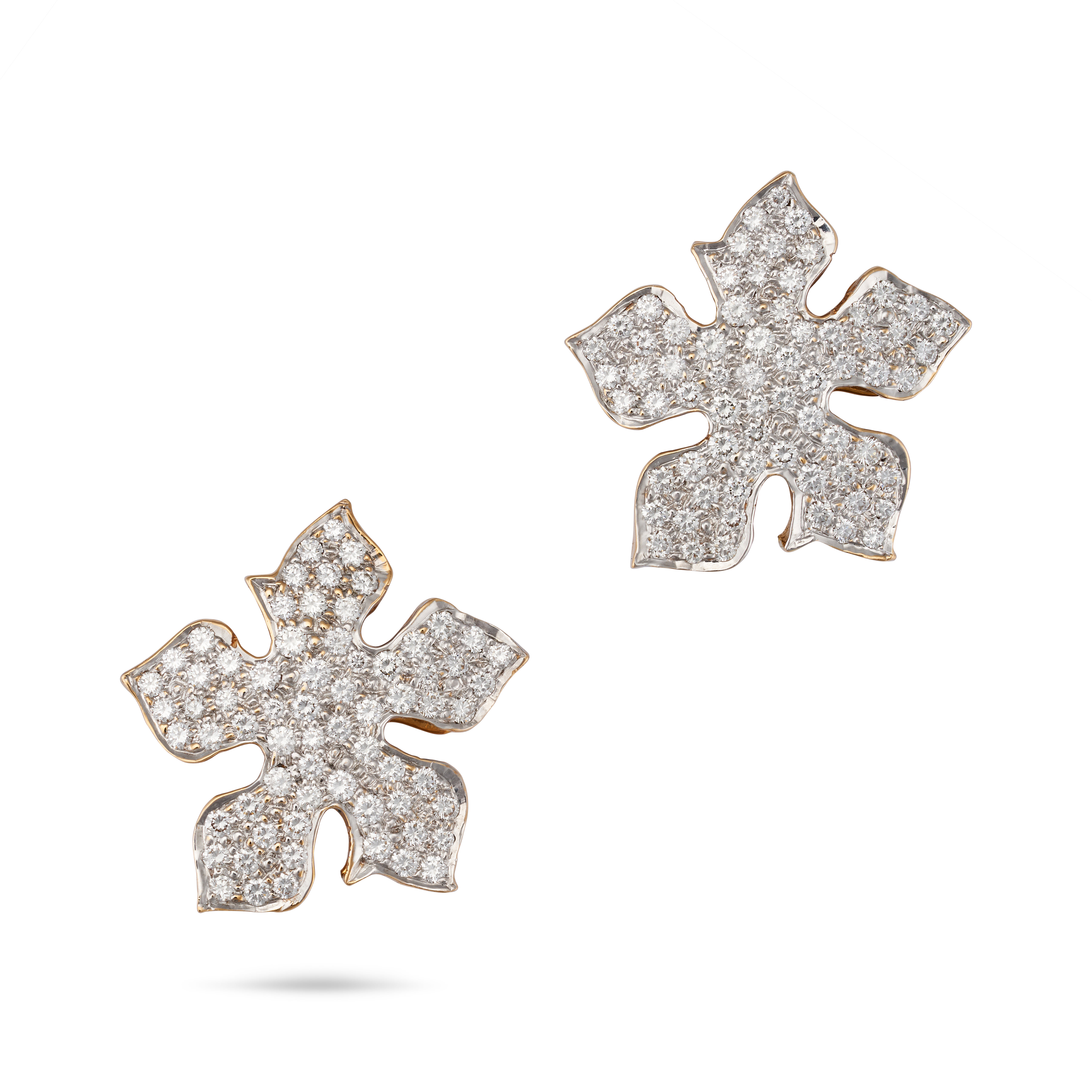 A PAIR OF DIAMOND SNOWFLAKE EARRINGS each designed as a stylised snowflake, pave set with round b...