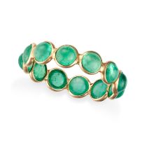 AN EMERALD ETERNITY RING set all round with a row of round cabochon emeralds, stamped 18K, size M...
