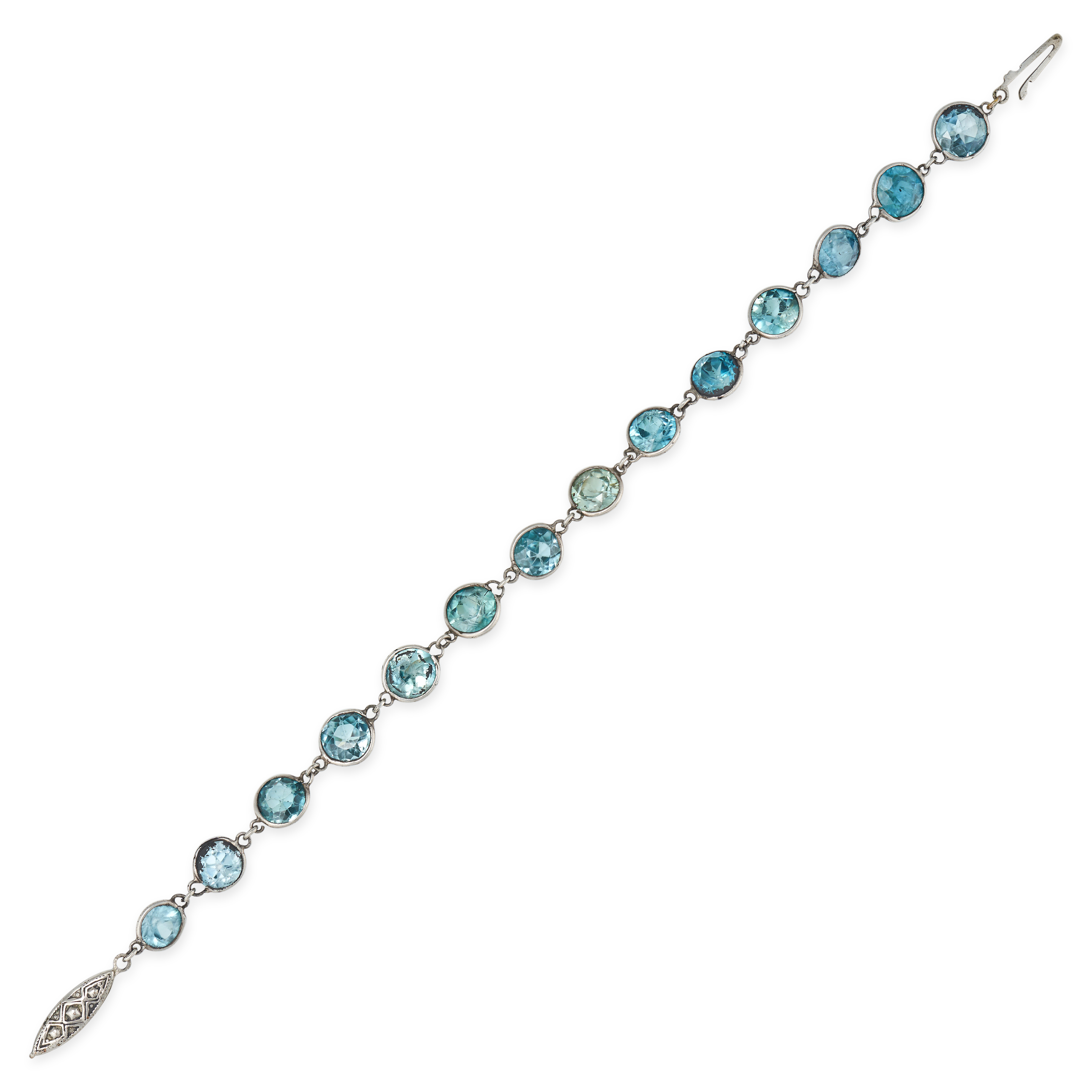 A BLUE ZIRCON BRACELET comprising a row of fourteen round cut blue zircons, no assay marks, 19.5c...