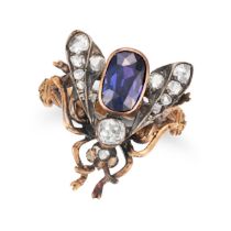 A SAPPHIRE AND DIAMOND INSECT RING in yellow gold and silver, the body set with a cushion cut sap...