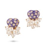 A PAIR OF DIAMOND, PEARL AND ENAMEL HEART EARRINGS each designed as a heart set with round brilli...