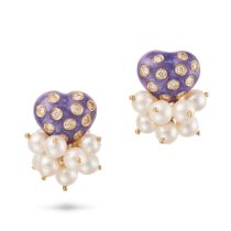 A PAIR OF DIAMOND, PEARL AND ENAMEL HEART EARRINGS each designed as a heart set with round brilli...