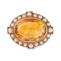 AN ANTIQUE CITRINE AND DIAMOND BROOCH set with an oval cut citrine in a border of pearls, no assa...