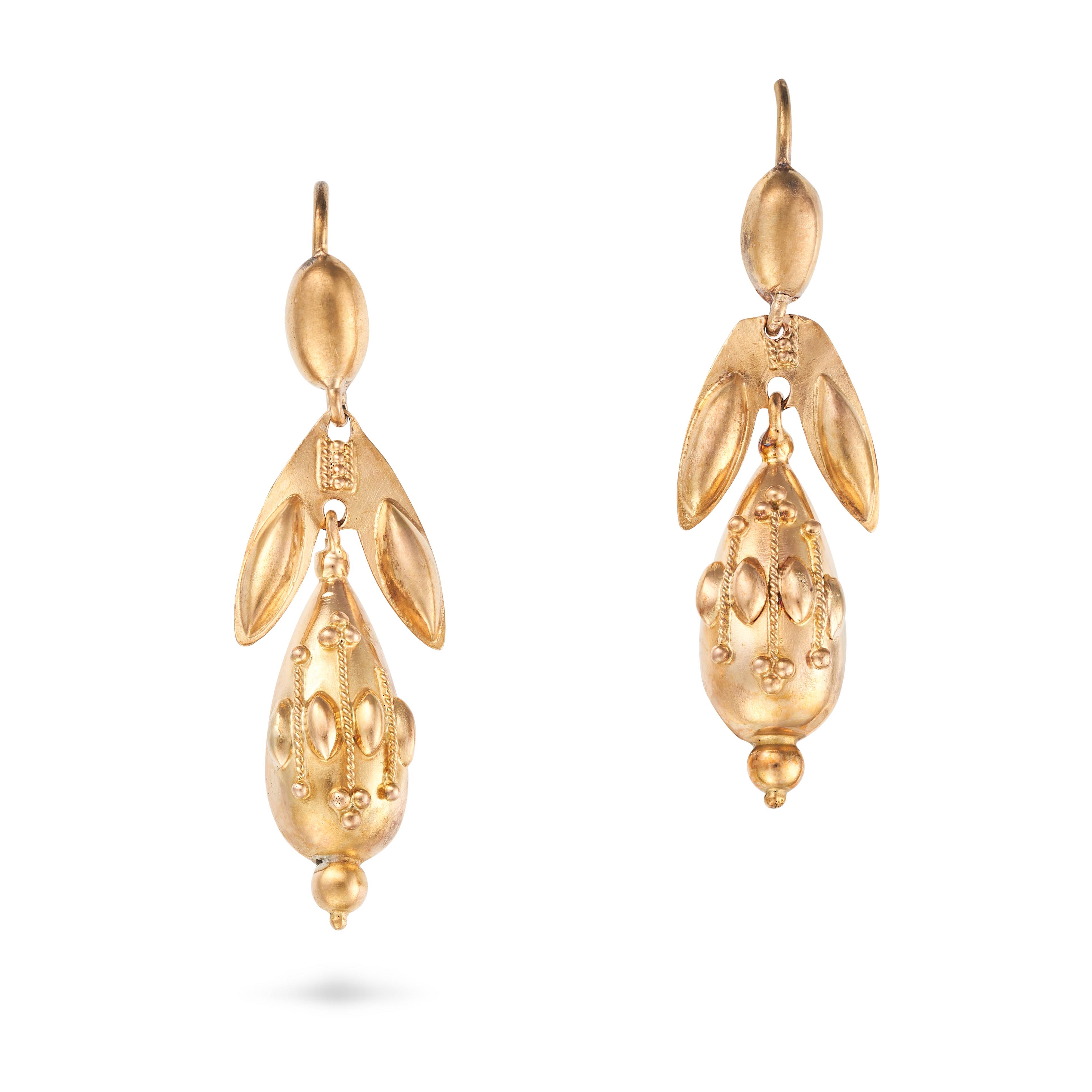 A PAIR OF ANTIQUE DROP EARRINGS in yellow gold, each set with a tapering drop accented by rope an...
