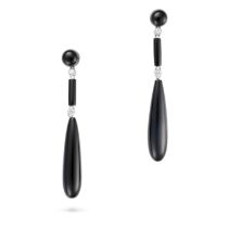 A PAIR OF ONYX AND DIAMOND DROP EARRINGS each set with a polished onyx, suspending an onyx baton ...