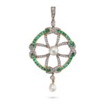 AN ANTIQUE PEARL, EMERALD AND DIAMOND PENDANT the circular pendant set with a pearl accented by r...