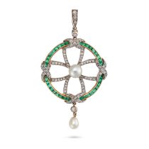 AN ANTIQUE PEARL, EMERALD AND DIAMOND PENDANT the circular pendant set with a pearl accented by r...