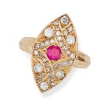 A RUBY AND DIAMOND NAVETTE RING in 15ct yellow gold, the navette shaped ring set with a round cut...