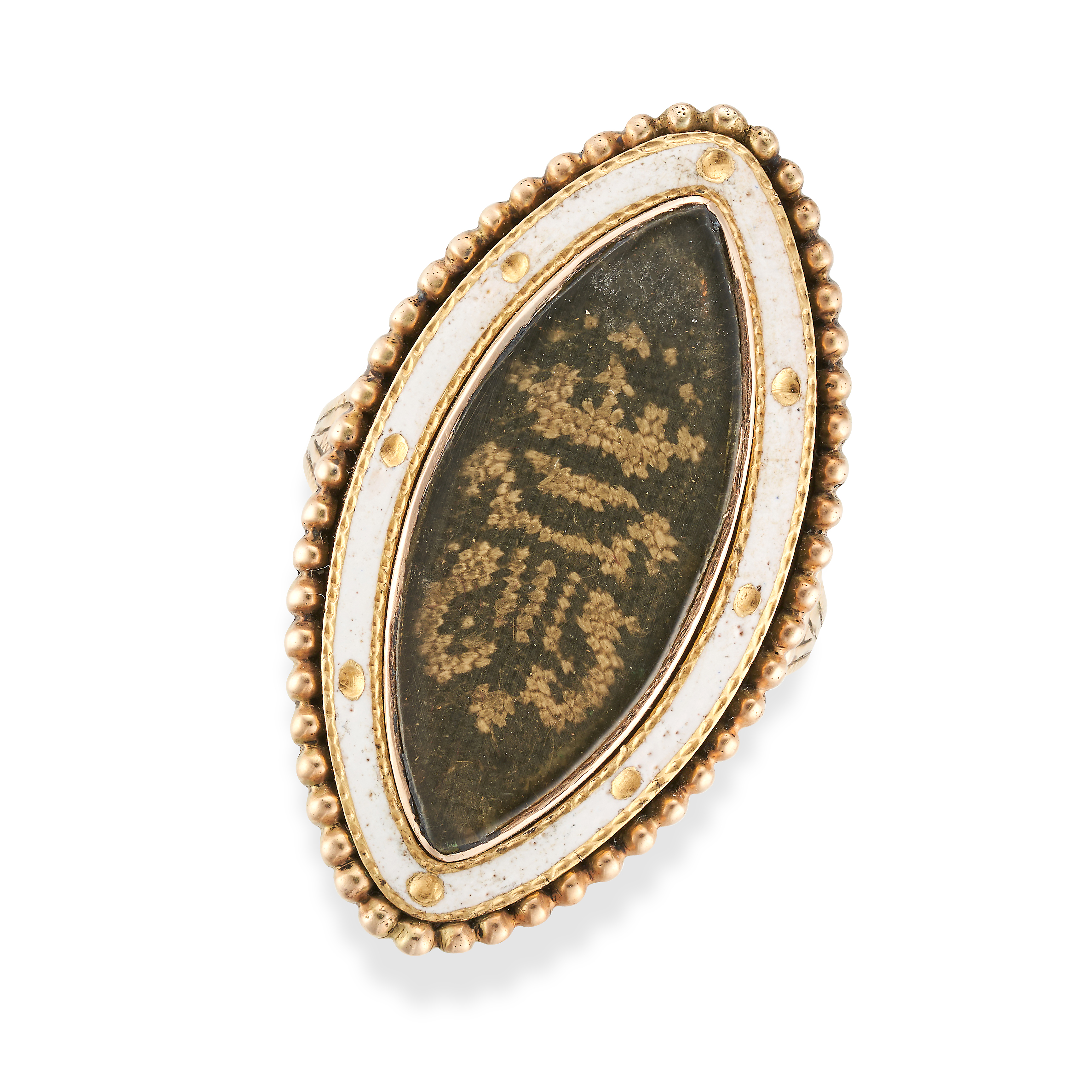 AN ANTIQUE GEORGIAN MOURNING RING the navette face set with hairwork beneath a glass panel, in a ...