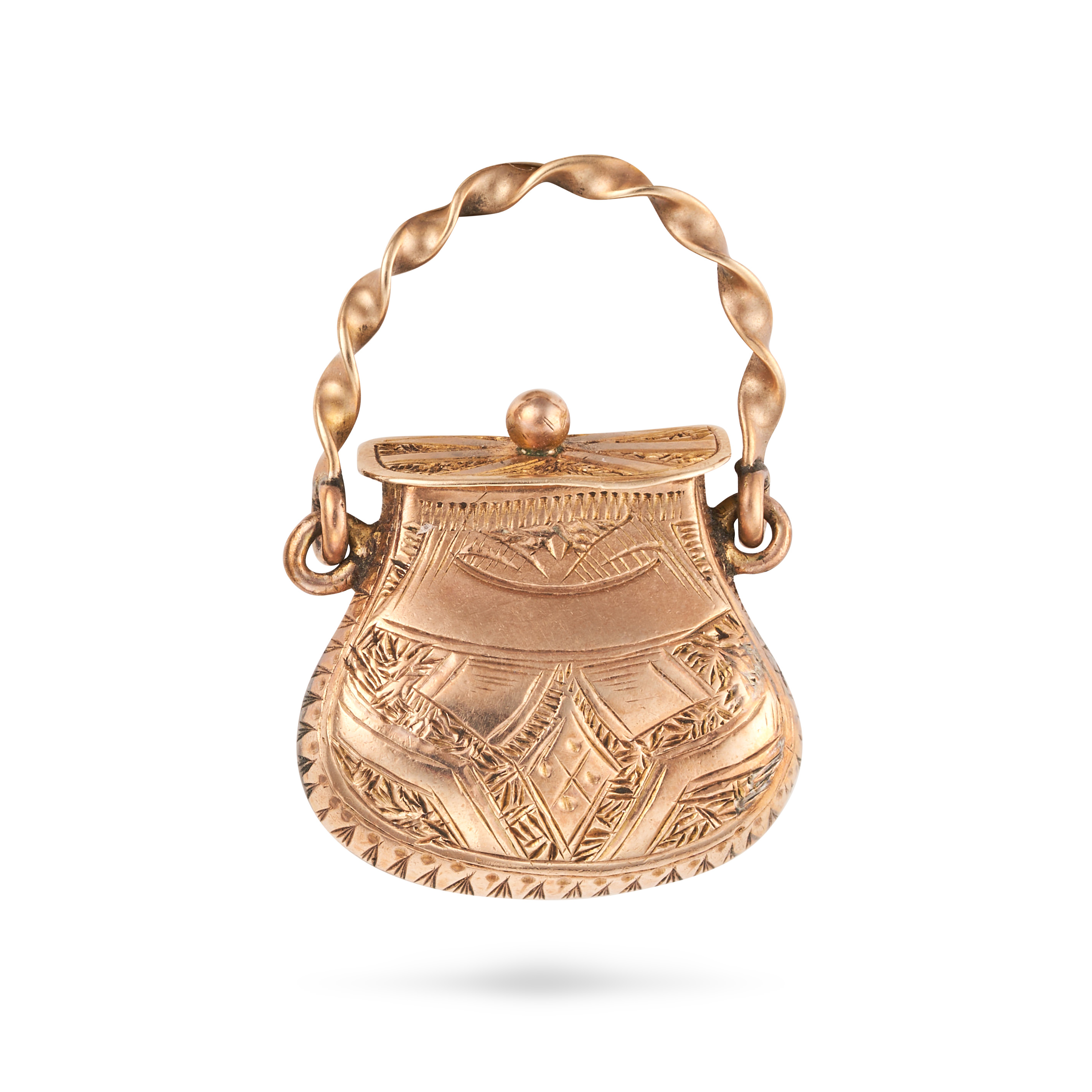AN ANTIQUE PURSE CHARM / PENDANT designed as a purse, the hinged lid opening to reveal an inner c...