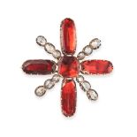 AN ANTIQUE GARNET AND DIAMOND CROSS BROOCH in yellow gold and silver, set with cushion and oval c...