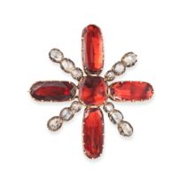 AN ANTIQUE GARNET AND DIAMOND CROSS BROOCH in yellow gold and silver, set with cushion and oval c...