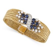 A VINTAGE SAPPHIRE AND DIAMOND BRACELET in 18ct yellow gold, the bracelet formed of woven links, ...