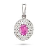 A RUBY AND DIAMOND PENDANT set with an oval cut ruby of approximately 2.01 carats, in a double cl...