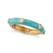 AN ENAMEL AND DIAMOND RING the turquoise enamel band set with round brilliant cut diamonds, stamp...
