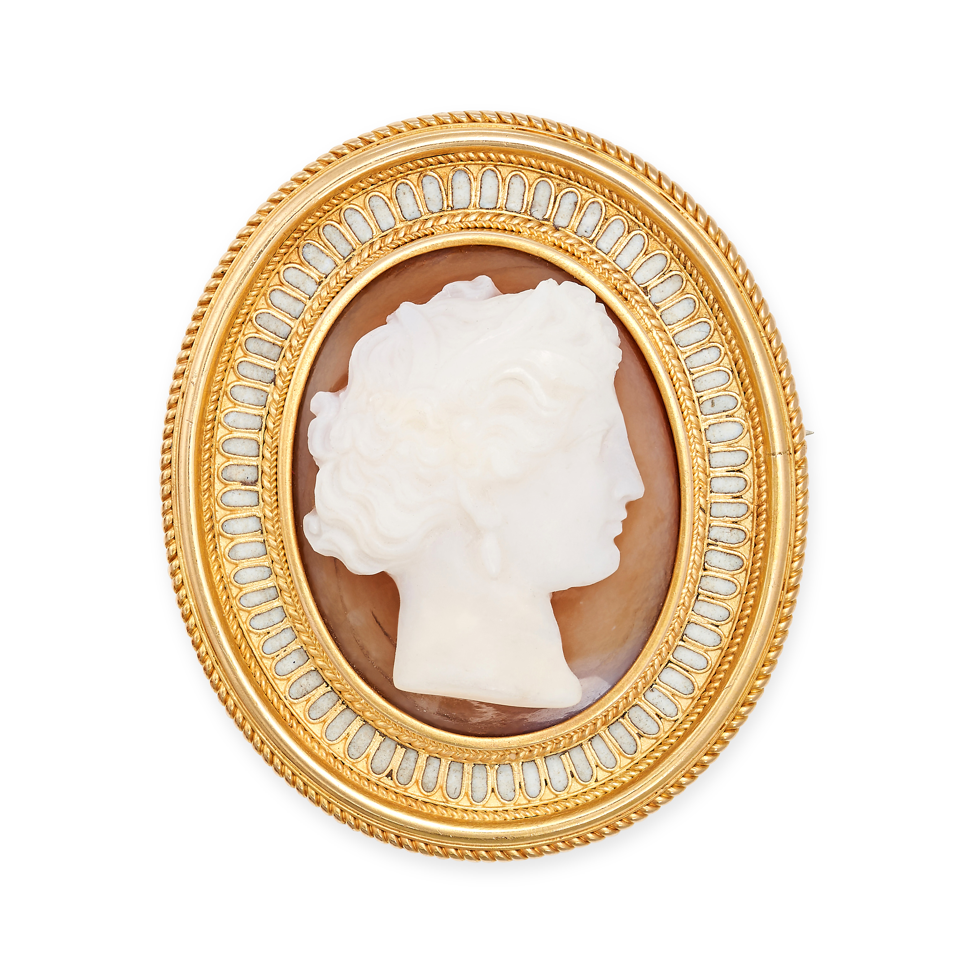 AN ANTIQUE ENAMEL AND AGATE CAMEO BROOCH in yellow gold, set with an agate cameo carved to depict...