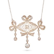 AN ANTIQUE BELLE EPOQUE DIAMOND PENDANT NECKLACE the openwork pendant with bow motifs, accented t...