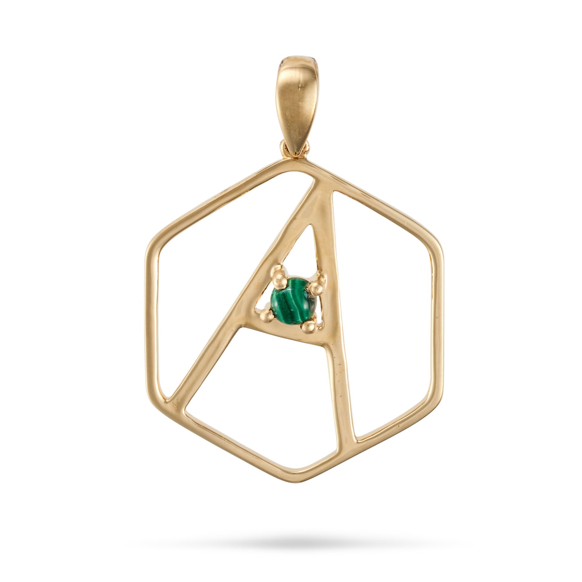 A MALACHITE PENDANT designed as the initial 'A' set with a cabochon malachite in a hexagonal bord...