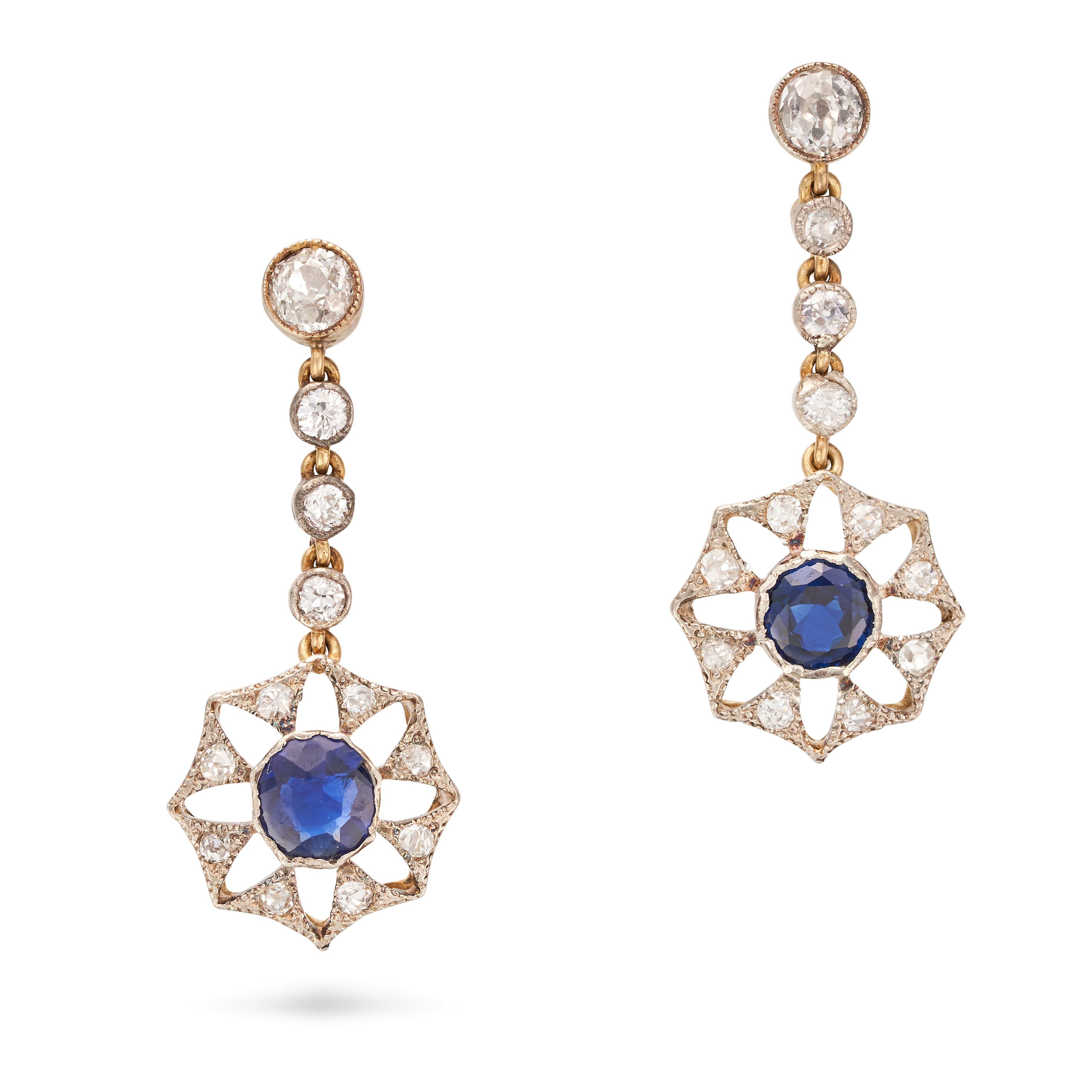 A PAIR OF SAPPHIRE AND DIAMOND DROP EARRINGS each comprising a row of old and round cut diamonds ...