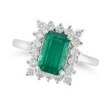 AN EMERALD AND DIAMOND CLUSTER RING set with an octagonal step cut emerald of approximately 1.61 ...