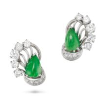 A PAIR OF UNTREATED JADEITE JADE AND DIAMOND EARRINGS each set with a pear shaped cabochon jadeit...