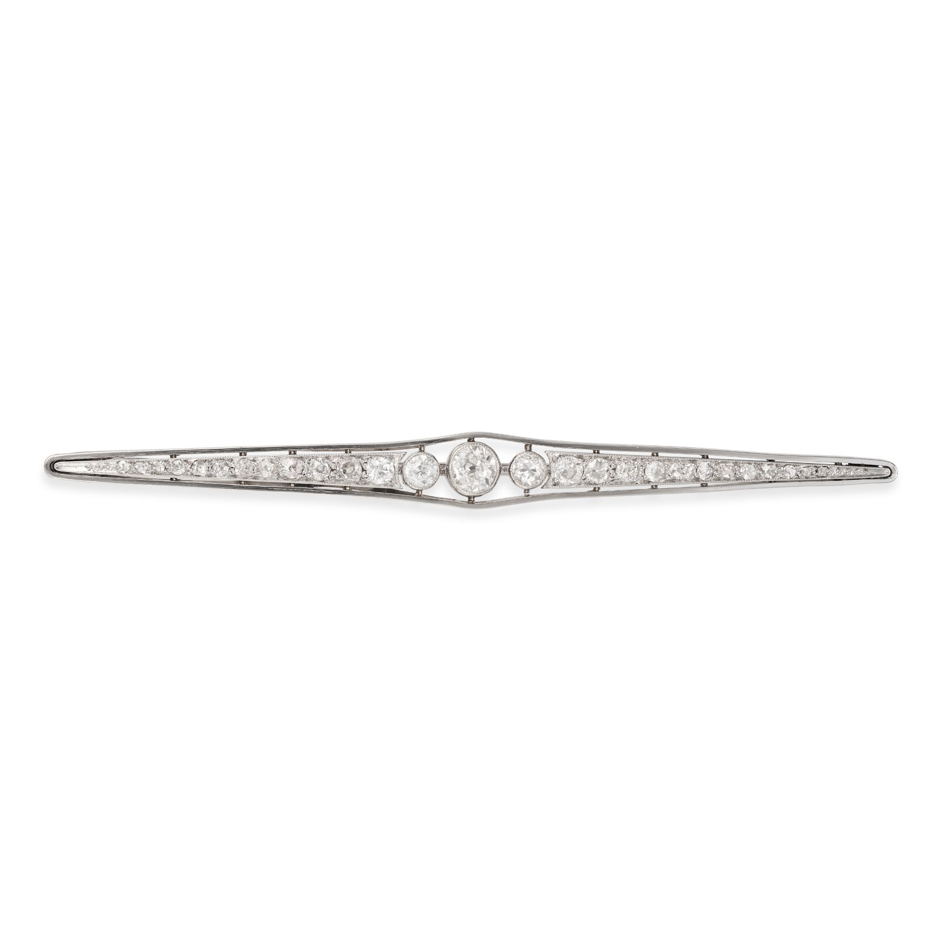 A FRENCH DIAMOND BAR BROOCH comprising a row of old and round cut diamonds, the diamonds all tota...