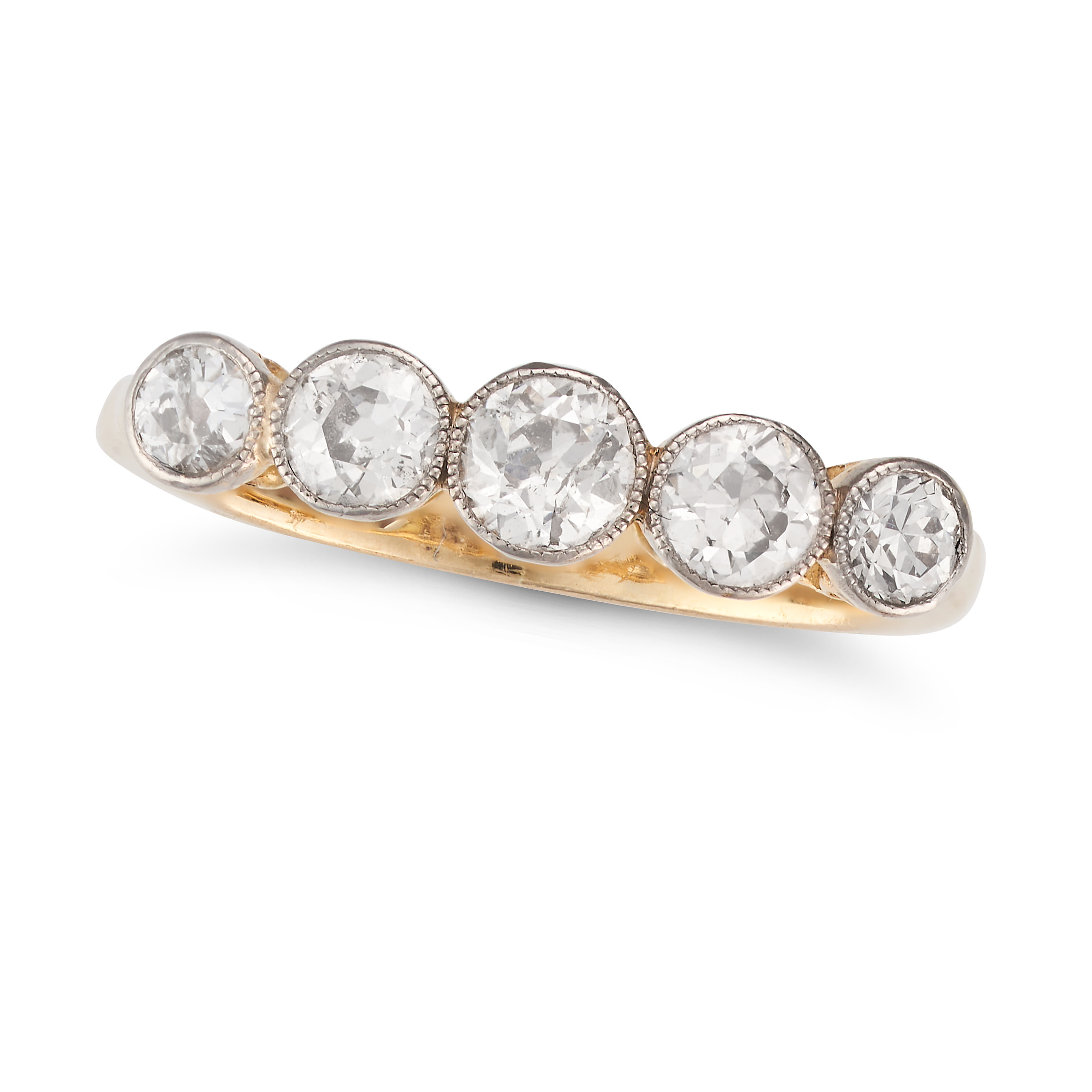 A FIVE STONE DIAMOND RING in 9ct yellow gold, set with five old European cut diamonds, the diamon...